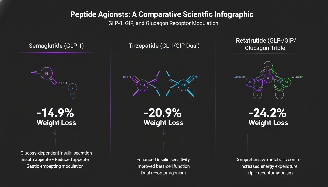 Infographie comparatif Sémaglutide vs Tirzepatide vs Retatrutide — triple agoniste GLP-1/GIP/Glucagon